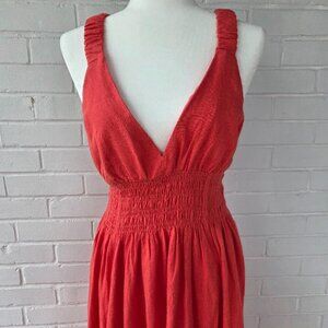 Abercrombie & Fitch Size Small Scrunchie Strap Linen Blend Midi Dress in Coral